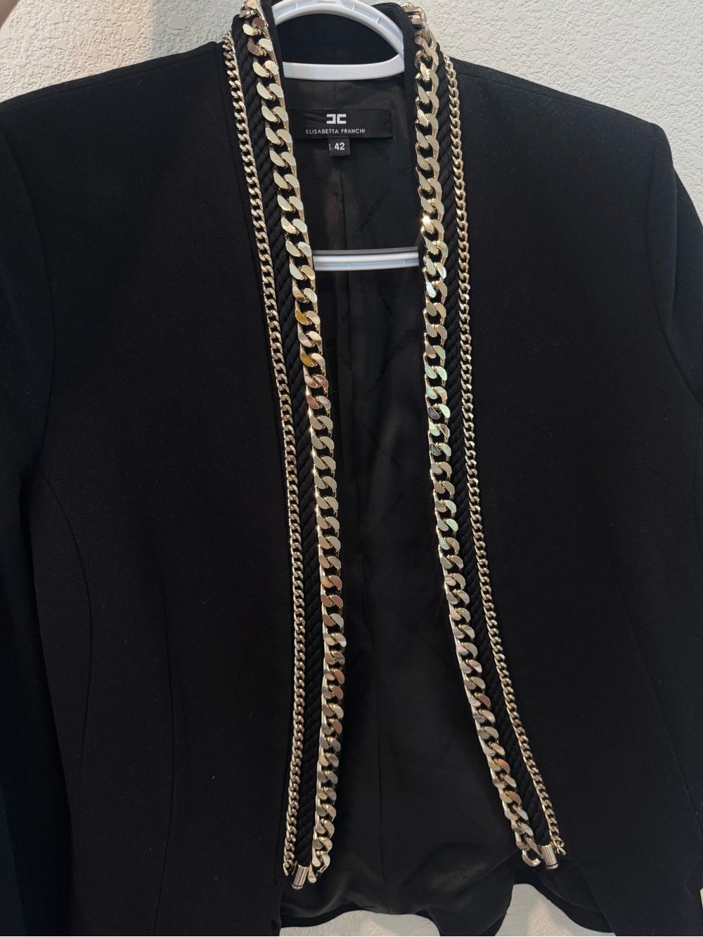 Size 6 Elisabetta Franchi Black Chain-Trim Blazer